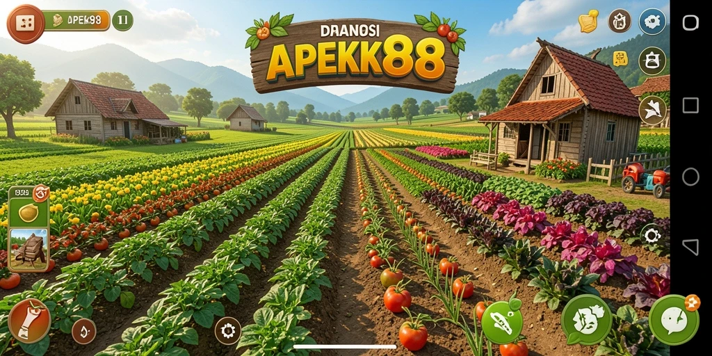 Screenshot gameplay APEK88 yang menampilkan ladang pertanian yang indah.