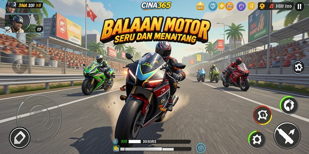 Screenshot gameplay CINA365 dengan balapan motor yang penuh aksi.
