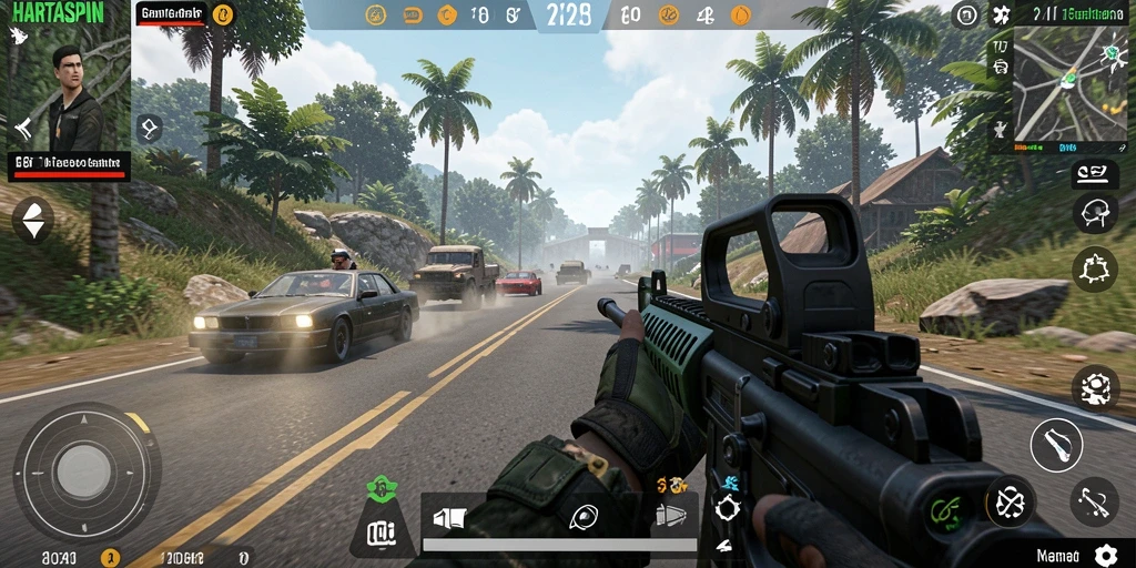 Gameplay seru HARTASPIN dengan aksi tembak-menembak dan berkendara.