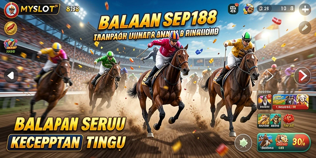 Screenshot gameplay utama MYSLOT188 menampilkan aksi balapan yang mendebarkan.