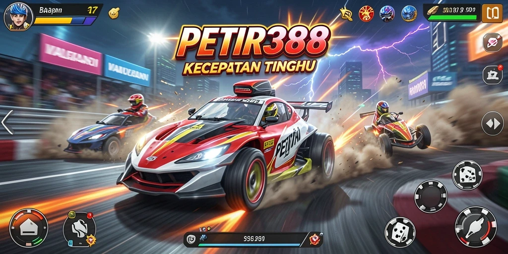 Tampilan gameplay utama PETIR388 yang penuh aksi balapan.