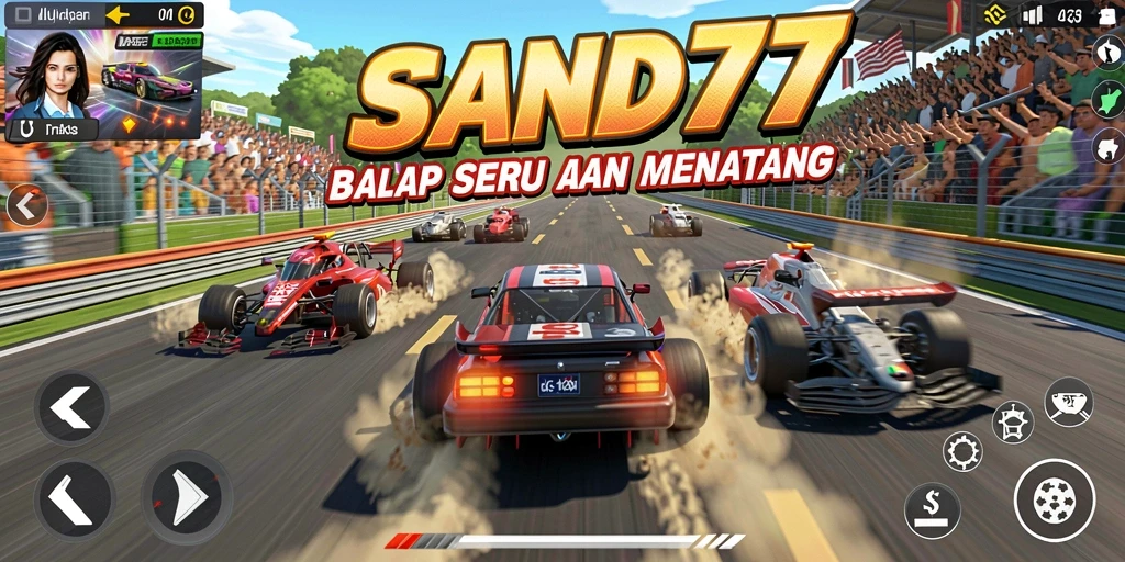 Gameplay seru SAND77 saat balapan di trek menantang.
