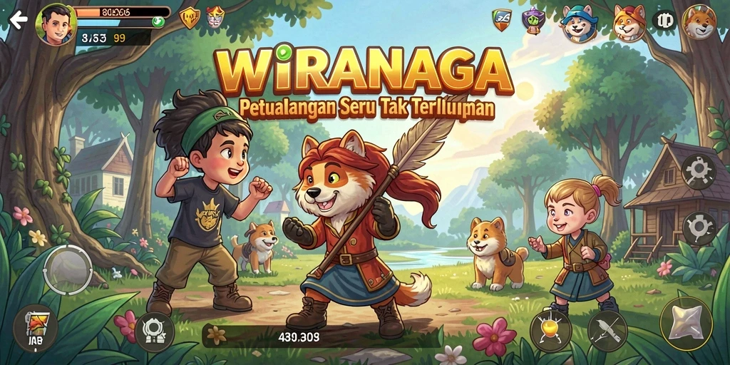 Tampilan grafis menakjubkan dari WIRANAGA yang memperlihatkan aksi petualangan.